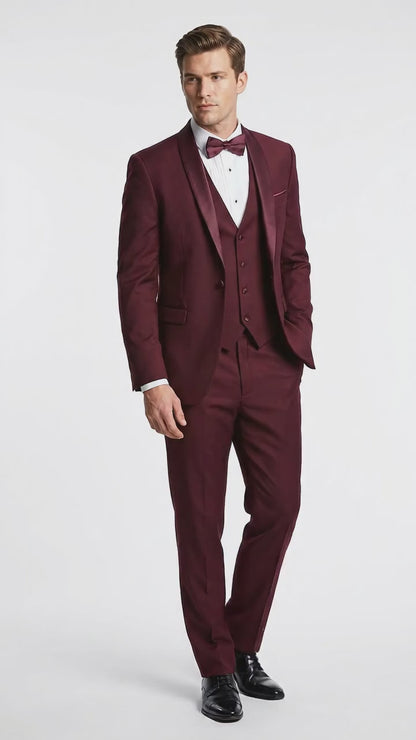 Men’s Burgundy Wool Vested Shawl Prom Tuxedo with One Button Jacket and Matching Pants