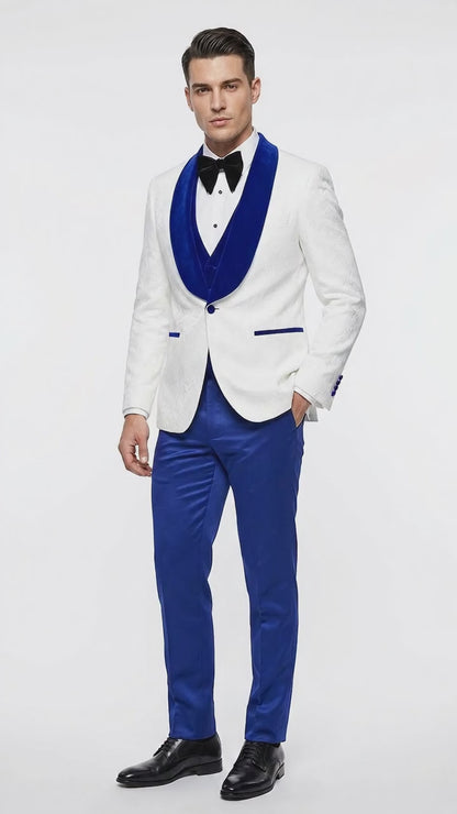 Men’s White Paisley Wedding Tuxedo with Royal Blue Velvet Shawl Lapel, Vested Prom Formal Suit Set