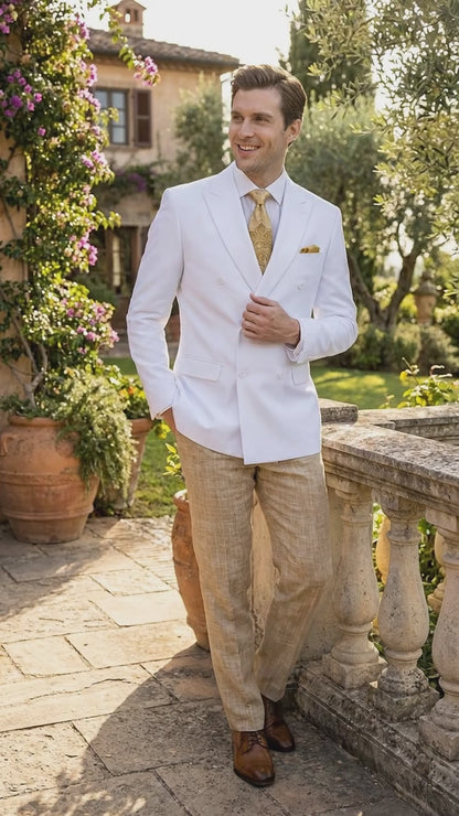 Men’s White Double Breasted Blazer, Formal Dress Jacket for Weddings, Prom, Parties, Dinner Events, and Special Occasions