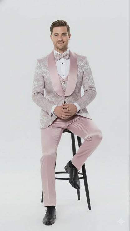 Mens Light Pink Dusty Rose -  Floral Tuxedo Suit  Luxury Satin Shawl Lapel 3-Piece Formal Wedding and Prom Suit in Blush Mauve color