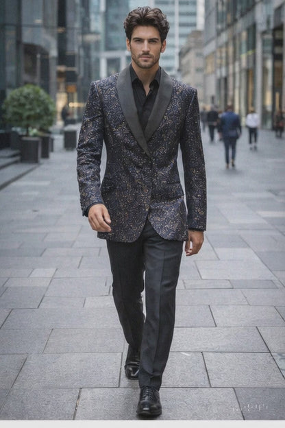 Mens Navy Blue Sequin Tuxedo Jacket with Black Satin Shawl Lapel  Luxury Prom and Wedding Blazer