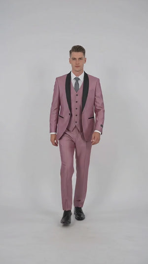Men’s Shiny Mauve Pink 3 Piece Tuxedo – Wedding & Prom Suit with Black Shawl Lapel