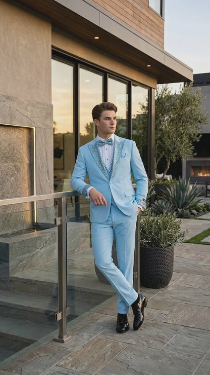 Men’s Baby Blue Prom Tuxedo Suit with Silver Rhinestone Sequin Lapel and Matching Vest