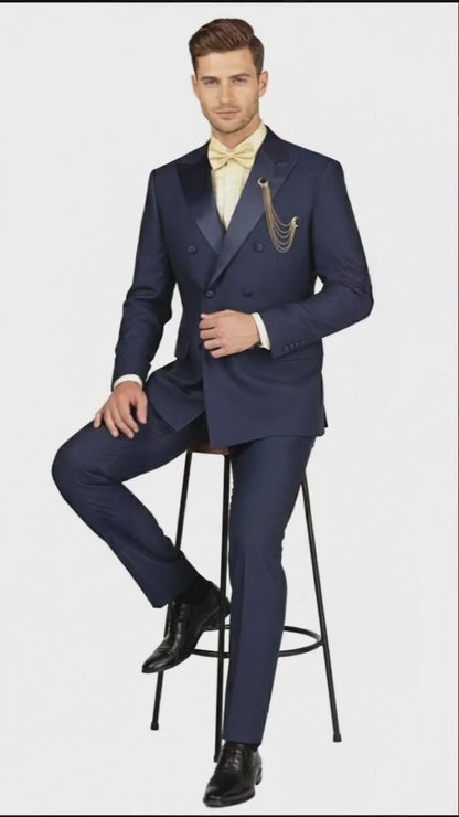 Mens Navy Blue Double-Breasted Tuxedo with navy Satin Peak Lapel Wedding Suit