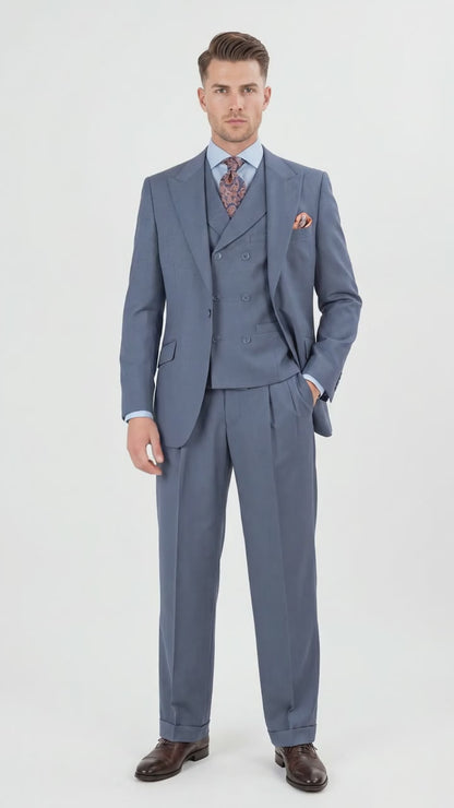 Mens Dusty Blue 3 Piece Suit 100% Wool Fabric – Classic Fit Wide Leg Pleated Pants Double Breasted Vest Formal Business Church Suit By Apollo King