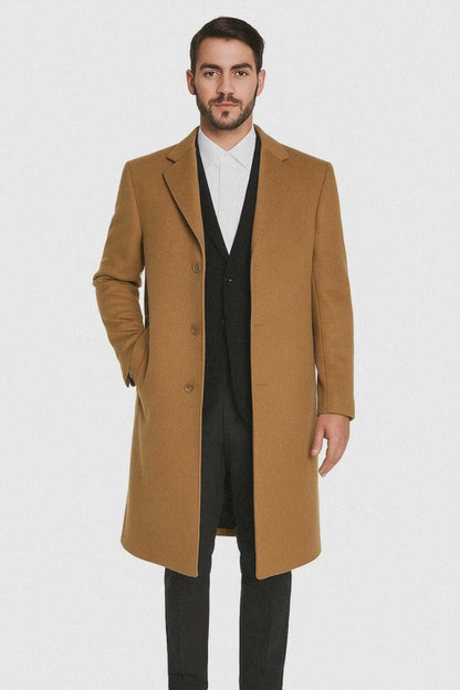 Mens Camel Overcoat  Classic Single Breasted Wool Long Coat with Peak Lapel