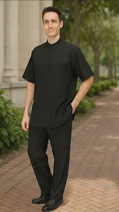 Mens Black Banded Collar Walking Suit  Short Sleeve Shirt and Matching Pants Banded Collar Linen Fabric