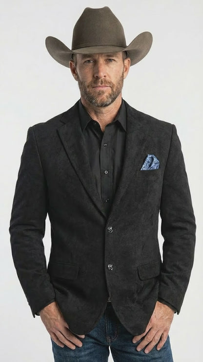 Men’s Black Suede Cowboy Blazer with Elbow Patch Sleeves – Black Western Style Suede Sport Coat for Casual and Smart Casual Wear