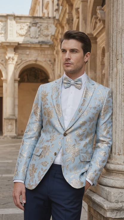 Men’s Sky Blue and Silver Foil Paisley Blazer, 2 Button Prom Wedding Party Dinner Jacket
