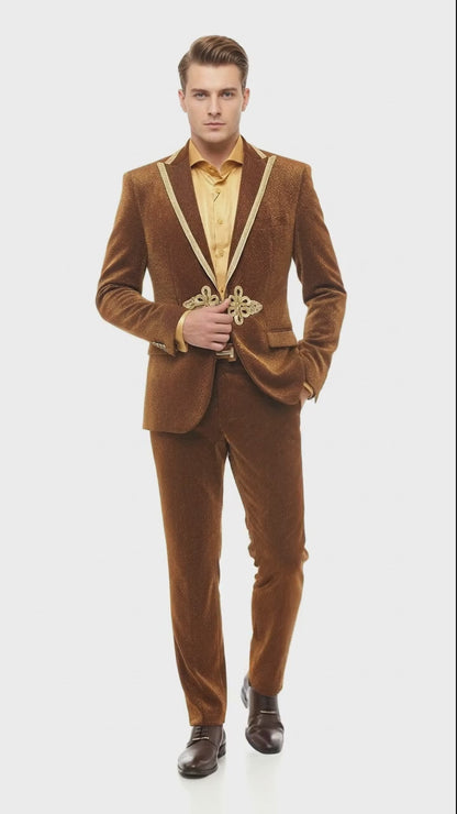 Mens Bronze Shiny Velvet Suit  Designer Party and Wedding Wear Blazer and Pant Set Brown and Gold Tuxedo