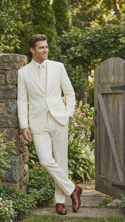 Mens Ivory Tuxedo Suit with Satin Notch Lapel  Formal Wedding and Evening Wear Suit in Cream Off White Color