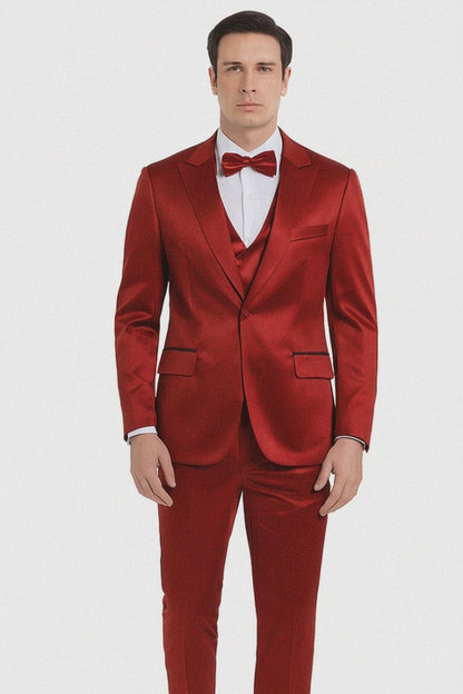 Burgundy Satin 3 Piece Slim Fit Tazzio Men's Suit  Premium Formalwear