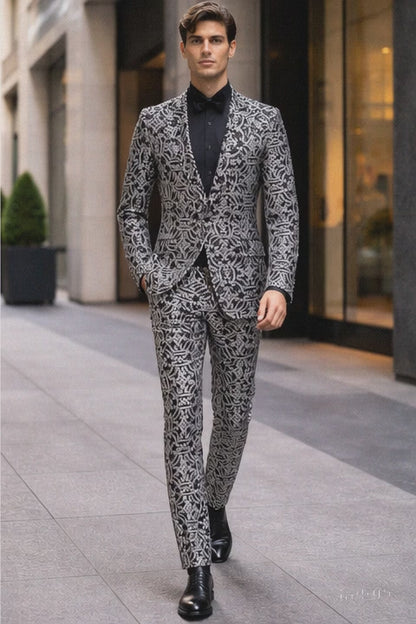 Men's Black and Silver Sequin Tuxedo - Slim Fit 2-Piece Party and Wedding Suit with Sparkling Design- Black and White Color