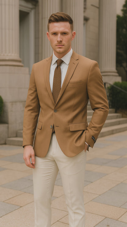 Mens Camel Brown Rustish Two-Button Classic Fit Sport Coat  Modern Blazer for Business and Special Occasions