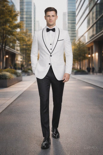 Mens One Button Satin Trim Shawl Tuxedo in White & Black