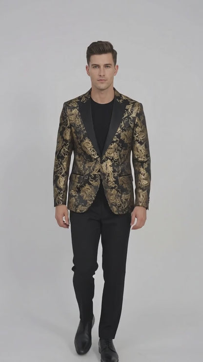 Men’s Black & Gold Paisley Tuxedo Jacket – Luxury Floral Formal Dinner Blazer Black Pants
