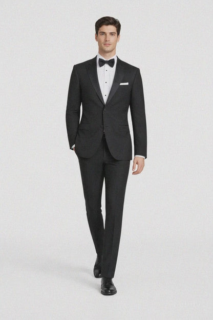 Mens Designer Slim Fit One Button Peak Tuxedo in Black - Mens Slim Fitted Tuxedo