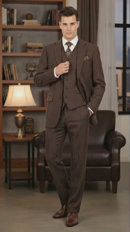 Mens Brown Pinstripe 3-Piece Suits  Classic Business and Formal Wear with Vest