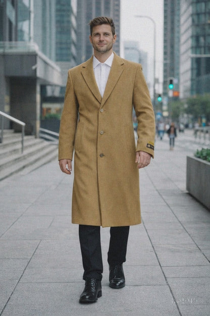 Mens Overcoat - Topcoat For Men - Winter Fabric - Overcoat Long men's Dress Topcoat - Winter coat 4XL 5XL 6XL Camel Big and Tall Large Man ~ Plus Size Three Button