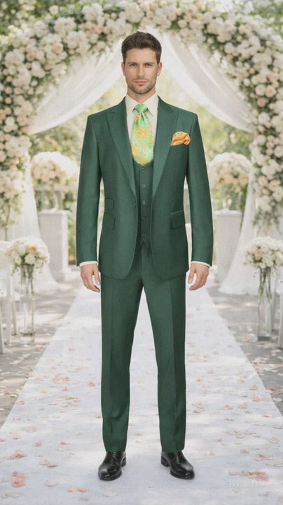 Rossiman Hunter Green Slim Fit Men's Suit ?? 3-Piece Vested Set with Flat Front Trousers