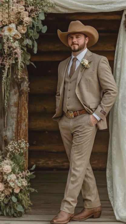 Mens Sharkskin Dark Taupe Tan with sheen Western 3 Piece Suit – Classic Country Style Blazer Vest Pants Set, Formal Cowboy Suit Outfit