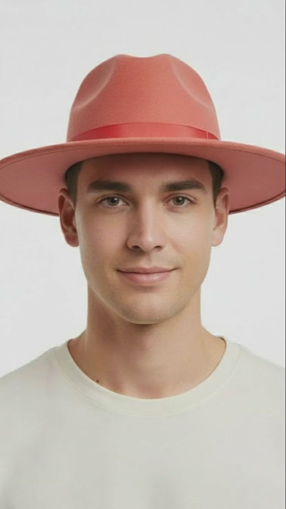 Mens Coral Pink Wide Brim Fedora Hat Wool Felt Dress Hat with Red Ribbon Band