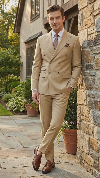 Mens Designer Modern Fit Double Breasted Designer Camel Gold Buttons Suit