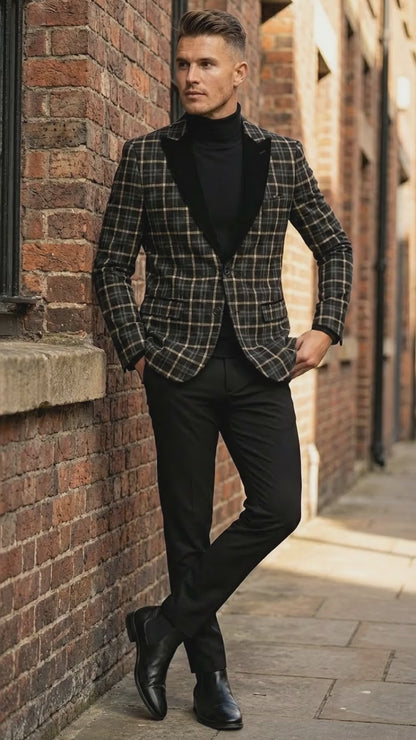 Mens Tartan Black and Gold Check Blazer – Windowpane Plaid Sport Coat Velvet Lapel Formal Party Jacket Chirsitmas New Year Holiday Jacket