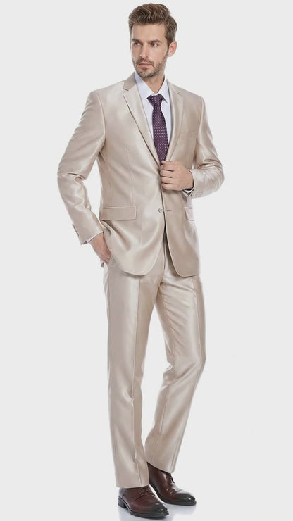 Men’s Champagne Tan Sharkskin 2 Button Suit – Glossy Formal Suit with Optional Vest for Wedding, Prom, Business Beige Color