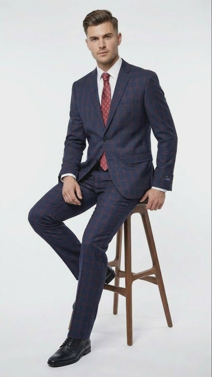Mens Navy Blue and Burgundy Checkered Two-Piece Suit Plaid Windowpane  Flat Front Pants or Pleated Wide Leg Pants - 100% Wool