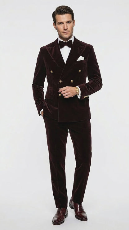 Men’s Dark Brown Velvet Blazer and Pants 2 Piece Suit, Double Breasted Formal Dinner Suit for Weddings, Prom
