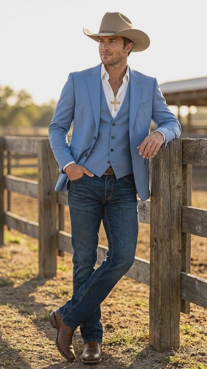 Mens Steel Blue Denim Color Western Blazer - Cowboy Jacket Country Look Matching Vest 2 Button Sport Coat