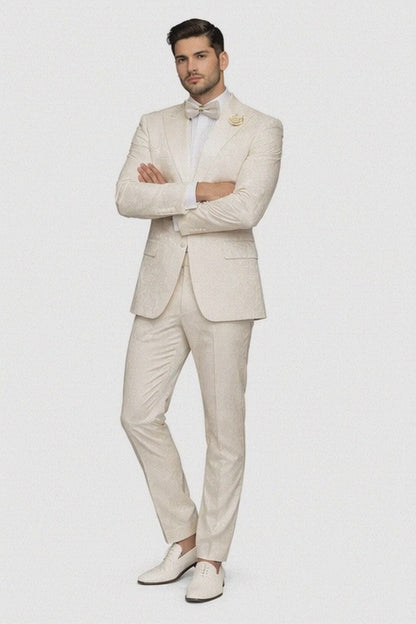 Mens Champaign Ivory  Jacquard Paisley Tuxedo Suit with Satin Shawl Lapel  Elegant Wedding and Prom Outfit By Rossiman