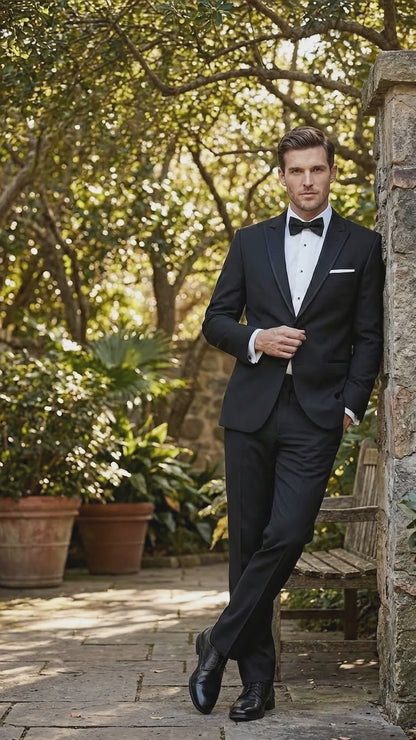 Men’s Black Designer Peak Trim Ashton Tuxedo with Satin Lapel, Formal Wedding Dinner Suit
