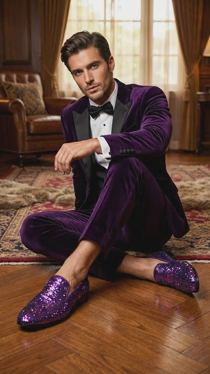 Mens Purple Sequin Dress Shoes Slip on  – Luxury Slip On Formal Loafers Wedding Prom Party Designer Footwear