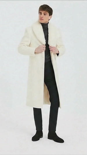 Mens Ivory Full-Length Overcoat with Luxurious Faux Fur Shawl Collar  Cream Winter Dress Coat Off White Color