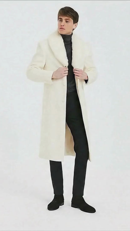 Mens Ivory Full-Length Overcoat with Luxurious Faux Fur Shawl Collar  Cream Winter Dress Coat Off White Color