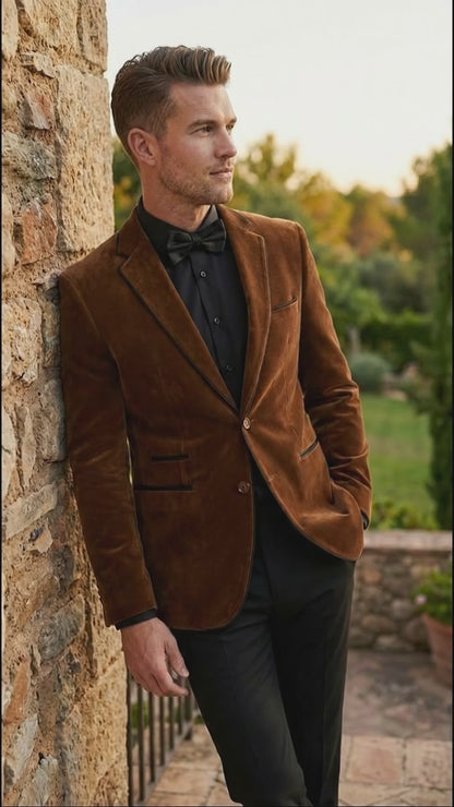 Brown Tuxedo Velvet Blazer for Men | Classic Formal Party and Evening Wear Dinner Jacket