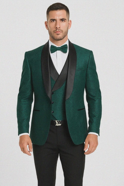 Hunter Green Groom Tuxedo with Floral Lace Vest  Luxury Mens Wedding Wear