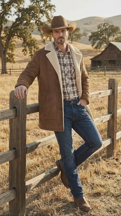 Men’s Brown Western Faux Suede Blazer Coat – Cowboy Style Long Jacket for Wedding, Party and Special Events