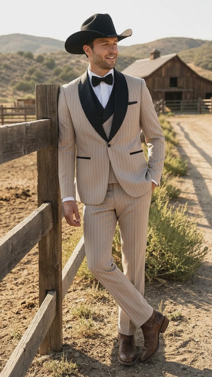Men’s Beige Pinstripe Western 3 Piece Tuxedo Suit with Black Shawl Lapel, Formal Cowboy Wedding Prom Suit in Tan Khaki Color