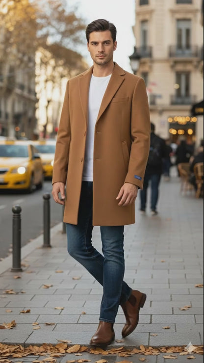 Men’s Camel Brown Wool Top Coat – Classic Long Overcoat for Formal and Casual Wear in rust copper