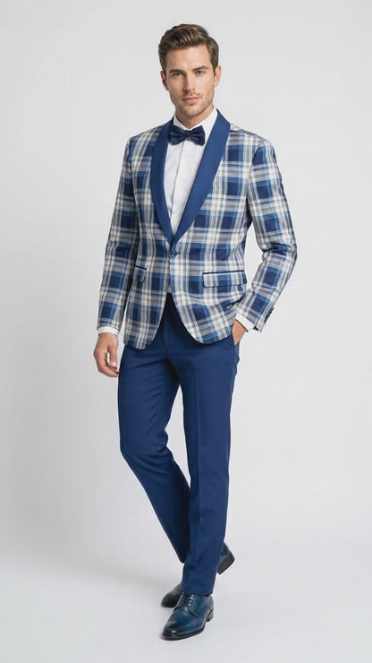 Men’s Tartan Blue Plaid and Solid Blue Tuxedo – Modern Check Pattern Formal Suit for New Year - Christmas - Holiday Jacket with Pants