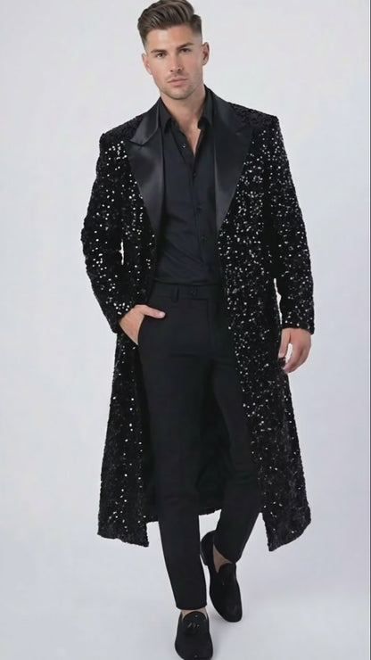 Mens Black Sequin Long Coat with Satin Shawl Lapel  Luxury Statement Evening Overcoat