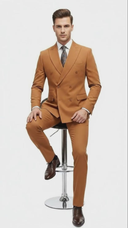 Mens Vitali Brand Rustish Orange Brown Copper Color Double Breasted Slim Fit Suit