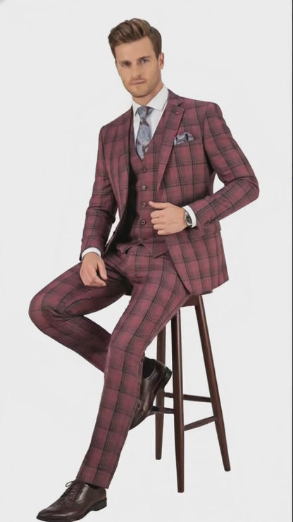 Mens Red Burgundy Plaid 3-Piece Suit  Classic Checkered Modern Fit Suit for Weddings, Church and Formal Events