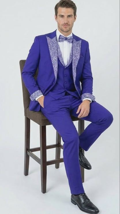 Mens Purple and white sivler lapel  Embellished Tuxedo Suit   Formal Wedding, Prom, and Gala Outfit Mardi Gras