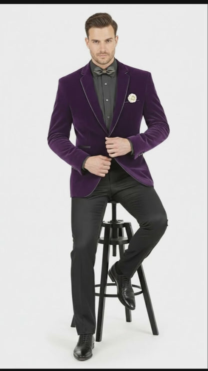 Mens Purple Velvet Blazer  Luxury Slim Fit Formal Jacket with Black Satin Trim Tuxedo Dinner Jacket