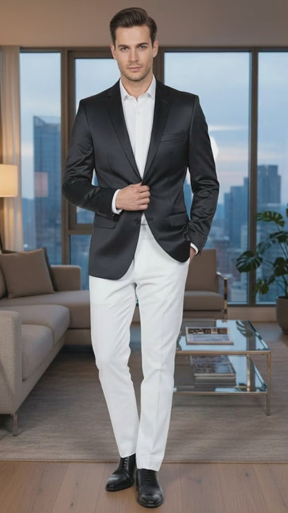 Mens Black Satin Blazer  Classic Slim Fit Two-Button Formal Suit Jacket for Weddings, Parties, and Business Events
