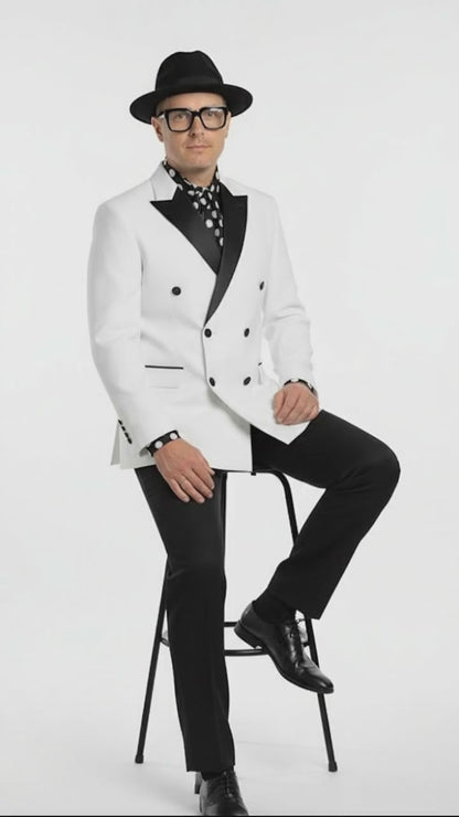 Mens White and Black Double-Breasted Tuxedo  Modern Slim Fit Formal Suit for Weddings, Parties, and Special Occasions